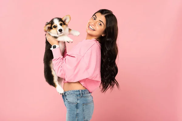 Smiling woman holding Welsh Corgi puppy, isolated on pink — Stock Photo