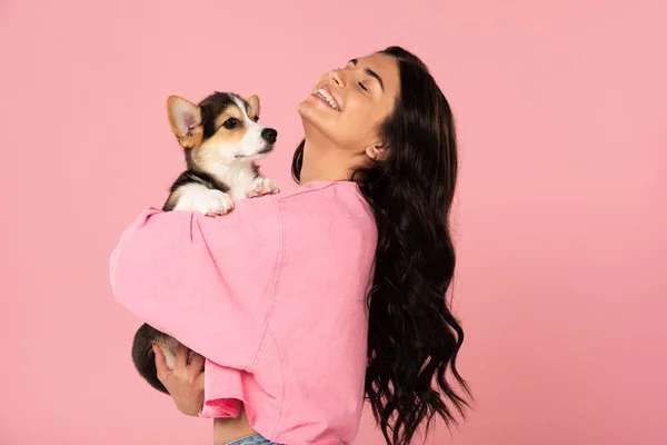 Happy woman holding Welsh Corgi puppy, isolated on pink — Stock Photo