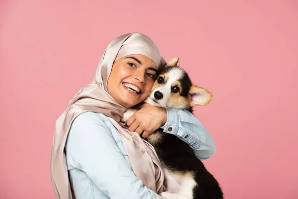Wunderschönes arabisches Mädchen im Hijab mit walisischem Corgi Welpen, isoliert auf rosa — Stockfoto