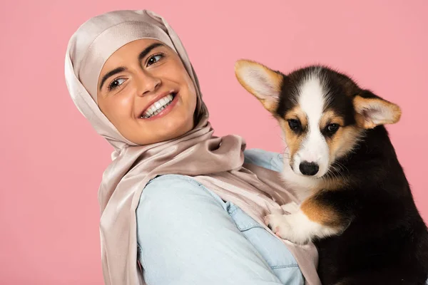 Schöne lächelnde muslimische Frau im Hijab mit walisischem Corgi-Welpen, isoliert auf rosa — Stockfoto