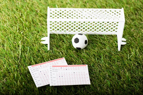 Puertas de fútbol de juguete, bola y listas de apuestas en hierba verde, concepto de apuestas deportivas - foto de stock