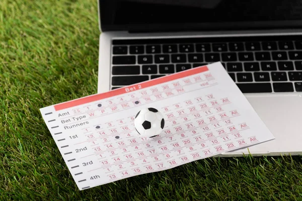 Игрушечный футбольный мяч и список ставок рядом с ноутбуком на зеленой траве, концепция спортивных ставок — стоковое фото