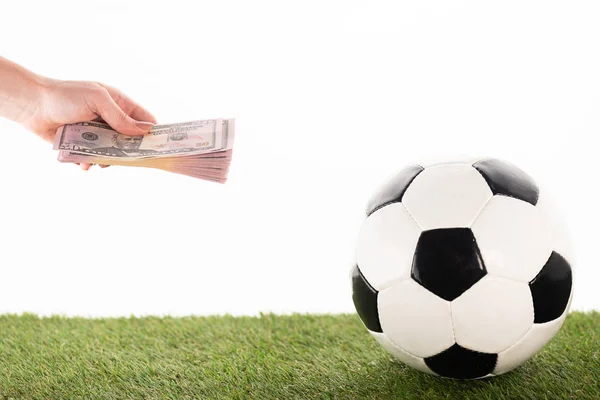 Обрезанный вид женской руки с долларовыми банкнотами возле футбольного мяча на зеленой траве, изолированной на белой, концепция ставок на спорт — стоковое фото