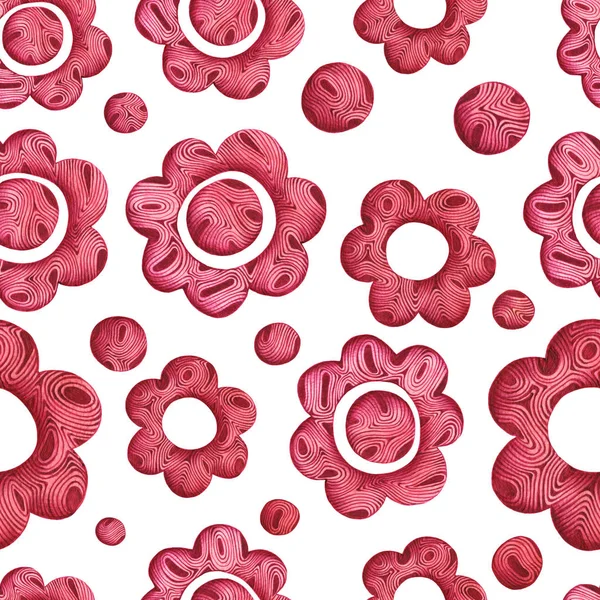 Red wooden flowers drawing with pen ball on white isolated background. Seamless hand drawing pattern for cards, posters, prints, textile.