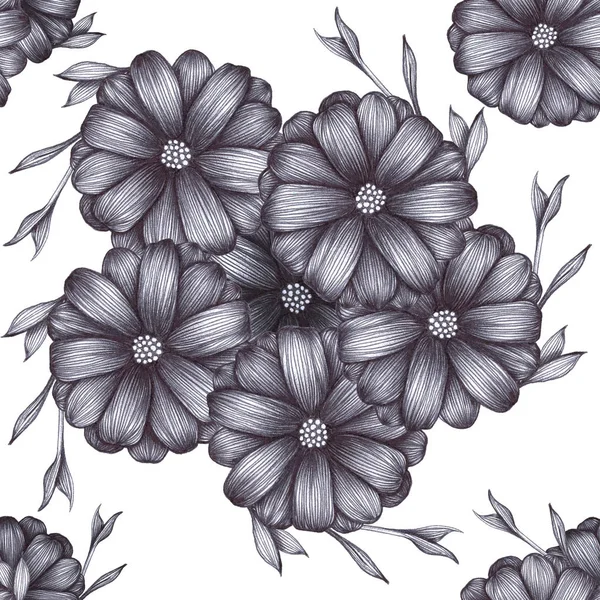 Gray Scale Flowers Leaves White Isolated Background Drawing Pen Ball — Stock Photo, Image