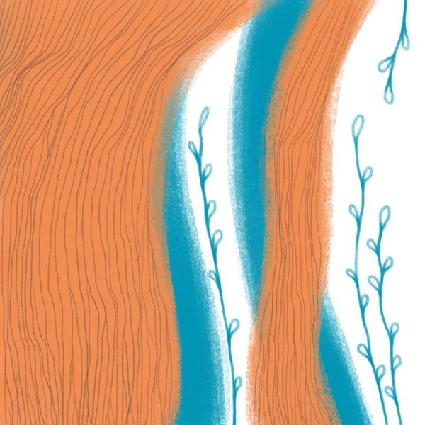 디지털 일러스트 형태와 나뭇잎으로 현대의 주황색 파란색 프린트 포스터 사각형의 — 스톡 사진