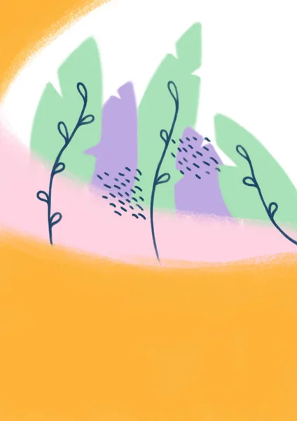 Kolorowa Wiosna Lato Ilustracja Cyfrowa Liśćmi Gałęziami Nowoczesne Tło Krajobrazowe — Zdjęcie stockowe
