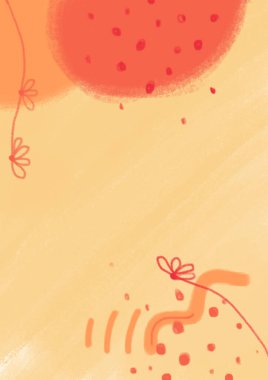 Renkli ilkbahar, yapraklı, çiçekli yaz dijital illüstrasyonu. Davetiyeler, baskılar, kartlar, posterler için modern manzara. Sıcak, pastel renkler. A5, A4 formatı. Metin için yer, boşluk.