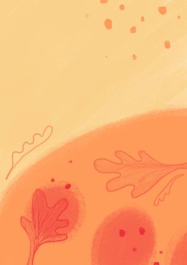 Renkli ilkbahar, yapraklı, çiçekli yaz dijital illüstrasyonu. Davetiyeler, baskılar, kartlar, posterler için modern manzara. Sıcak, pastel renkler. A5, A4 formatı. Metin için yer, boşluk.