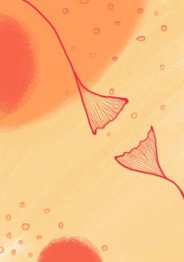 Renkli ilkbahar, yapraklı, çiçekli yaz dijital illüstrasyonu. Davetiyeler, baskılar, kartlar, posterler için modern manzara. Sıcak, pastel renkler. A5, A4 formatı. Metin için yer, boşluk.