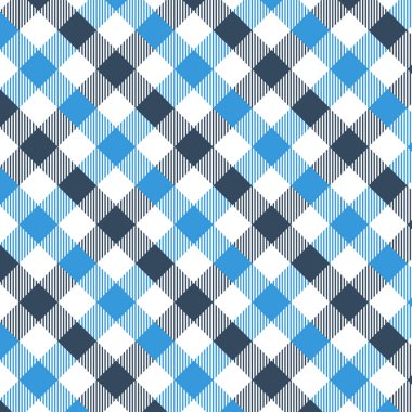 Mavi ve Siyah Gingham deseni. Ekose, masa örtüleri, giysi, gömlek, elbise, kağıt, yatak takımları, battaniyeler, yorganlar ve diğer tekstil ürünleri için eşkenar dörtgen/karelerden doku. Vektör illüstrasyon Eps 10