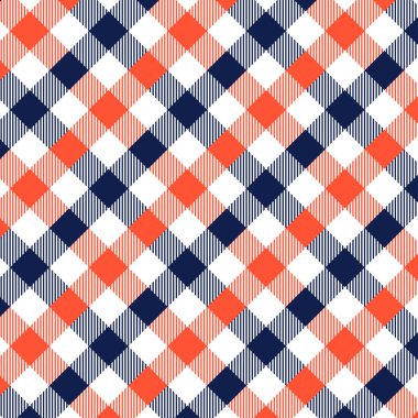 Mavi ve Turuncu Gingham deseni. Ekose, masa örtüleri, giysi, gömlek, elbise, kağıt, yatak takımları, battaniyeler, yorganlar ve diğer tekstil ürünleri için eşkenar dörtgen/karelerden doku. Vektör illüstrasyon Eps 1