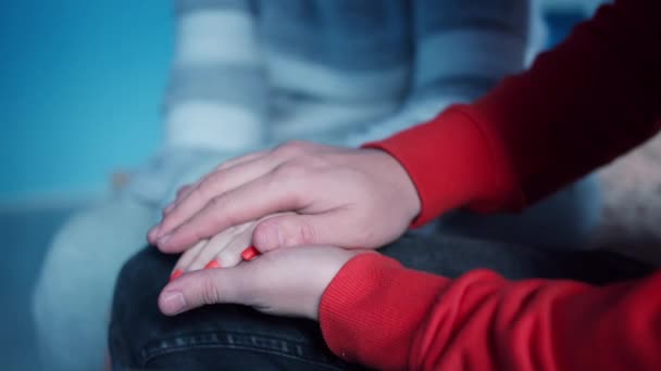 Man Holds Palm Woman His Support Care Concept Close — Stock Video