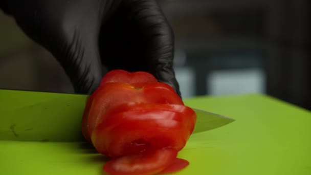 Close Cook Black Gloves Slices Fresh Tomato — Stock Video