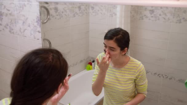 Teenager Girl Blackheads Puts Black Cosmetic Mask Her Face Facial — Stock Video