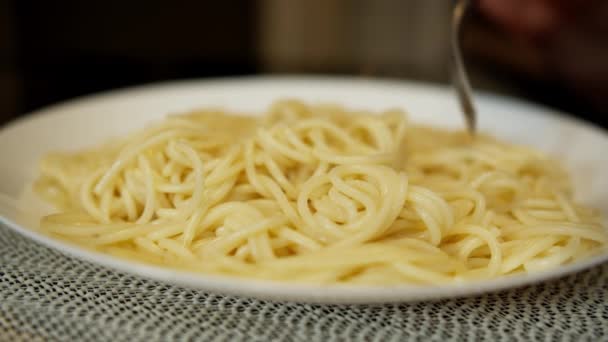 White Plate Full Freshly Cooked Hot Spaghetti Steam Comes Man — Stock Video