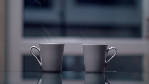 Two White Mugs Table Man Woman Take Them Put Them — Stock Video