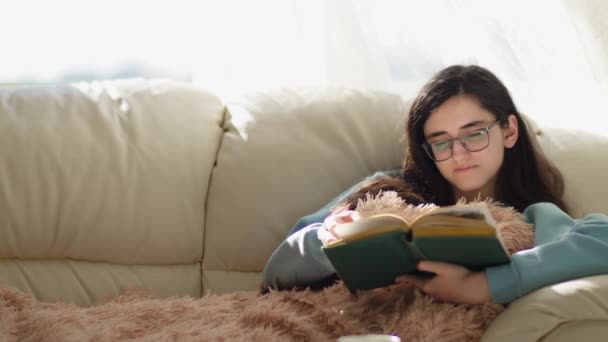 Uma Estudante Senta Confortavelmente Sofá Casa Ensina Livro Didático Aprendendo — Vídeo de Stock