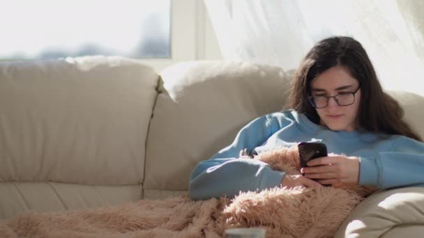 Linda Chica Con Gafas Sentado Sofá Durante Día Mensajes Texto — Vídeos de Stock