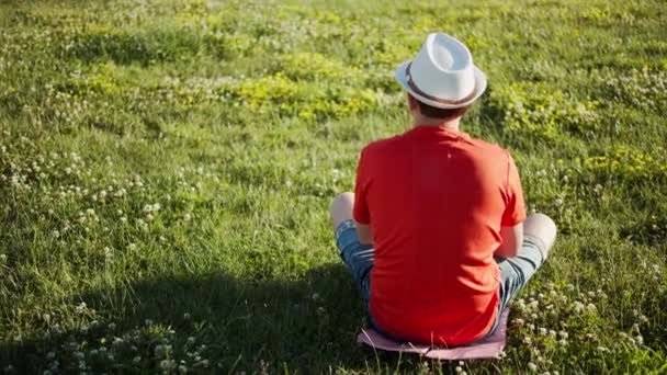 Um homem com um chapéu senta-se na grama em um dia ensolarado, visão traseira, hora de verão, copyspace — Vídeo de Stock