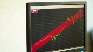 Monitörde oturan erkek işadamı hisse senedi grafikleri ve kamera hareketleri yapıyor.