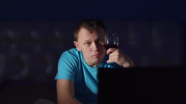 Young Man Spends Night Sitting Front Glass Wine Camera Movement — Stock Video