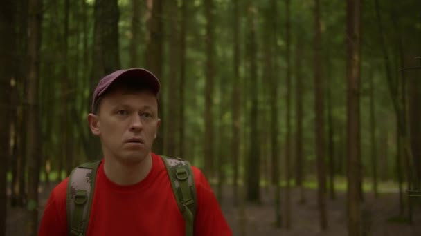 Şapkalı Sırt Çantalı Ürkek Bir Gezgin Karanlık Bir Ormanda Bir — Stok video