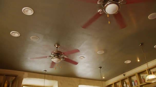 Soffitto in un bar della città con ventilatori elettrici, movimento della fotocamera — Video Stock