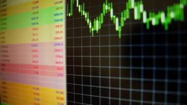 Hisse senedi grafikleri, hisse senedi ticareti, grafikler, finansal kriz, yakın plan, kamera hareketi olan bilgisayar monitörü