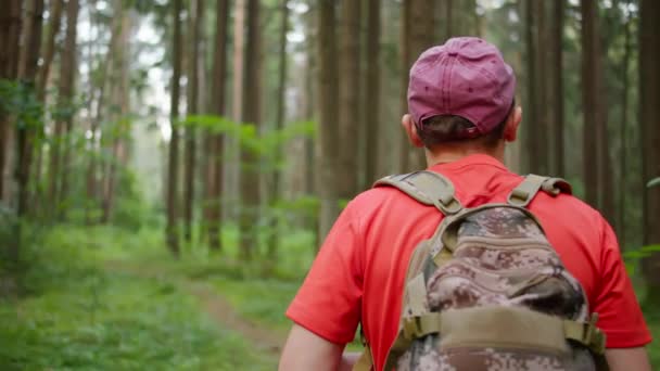 Mladý turista s batohem nápoje při procházce lesem, sledování kamery, pohled zezadu — Stock video