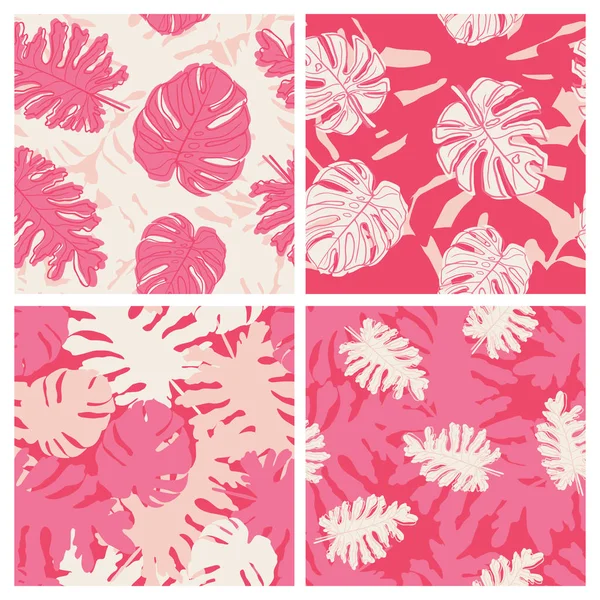 Beautiful tropical leaves and flowers summer pattern design set