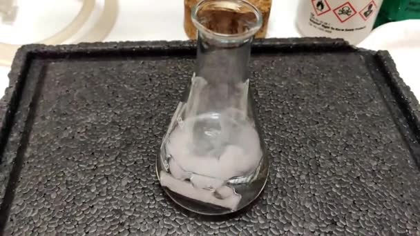 Formación Humo Hielo Seco Blanco Frasco Cónico Experimento Química Científica — Vídeo de stock