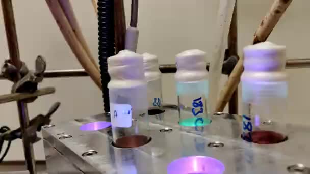 化学实验室在玻璃小瓶中的磁力搅拌器搅拌中的光化学彩色反应器 — 图库视频影像