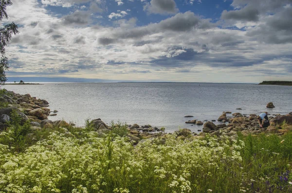 Schöne meerlandschaft in holmon insel mit himmel, steinen und wolken — Stockfoto