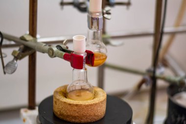 Sıcaklık ölçümü için elektrik ayarlı bir kimya laboratuvarında kimyasal sentez için sarı sıvıyla yuvarlak alttaki şişe.