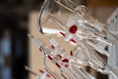 İlaç geliştirme için biyoteknoloji laboratuvarında duvarda asılı çeşitli temiz glssware 'ler var.