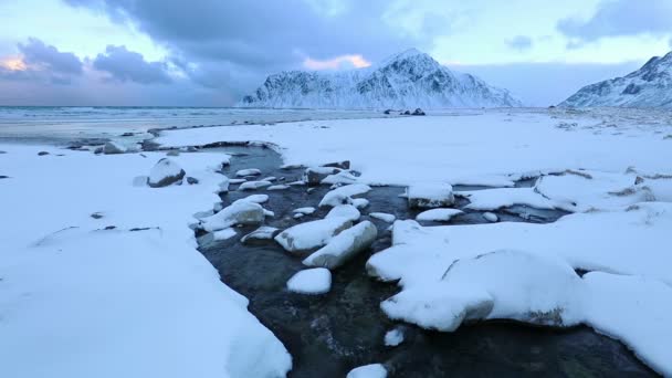 Patak Téli Lofoten Strandon — Stock videók