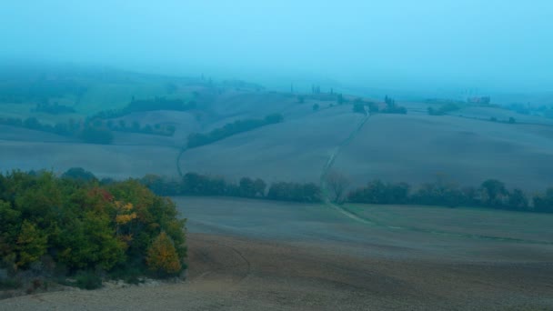 Densa niebla matutina en las colinas de Toscana — Vídeos de Stock