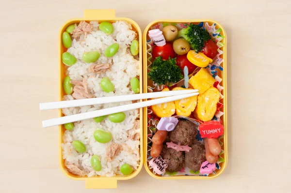 Japanese Cuisine Traditional Homemade Bento Box Rice Meat Egg Fish — Stock Photo, Image