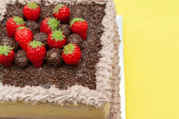 Çikolata parçacıkları ve taze çileklerle kaplı ev yapımı çikolatalı pasta. Brezilya 'da 