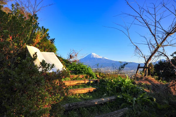 Vackert Landskap Med Bibeln Öppen Trästege Bakgrund Med Mount Fuji — Stockfoto