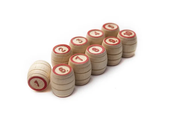 Bingo or lotto game. Wooden kegs of lotto on cards. — Stock Photo, Image