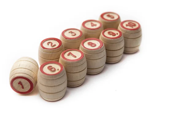 Bingo or lotto game. Wooden kegs of lotto on cards. — Stock Photo, Image