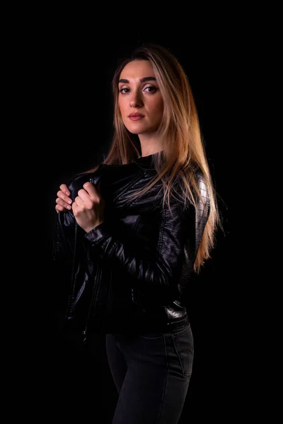 Young Girl Black Leather Jacket Isolated Black Background — Stock Photo, Image