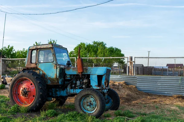 Abandoned old tractor in the village. Blue tractor with red wheel