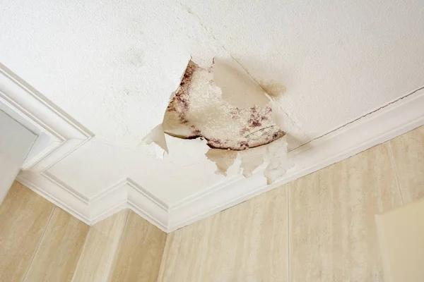 Peeling paint wall of water leak in plaster ceiling of bathroom