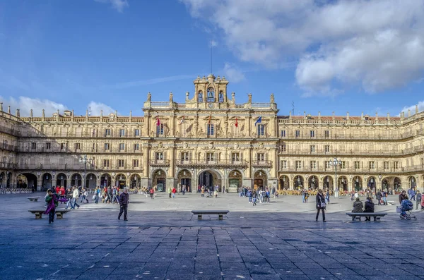 Salamanca Spanien 2014 Stortorget Och Fasader Den Rådhuset Salamanca Castilla — Stockfoto