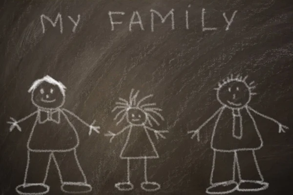 Drawing of a happy gay family made by a child on a blackboard