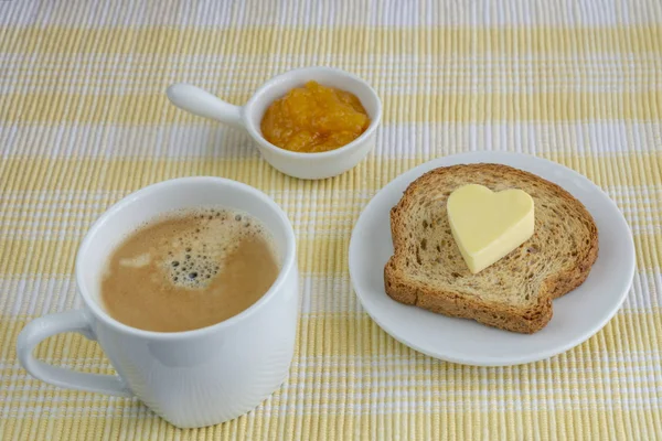 Breakfast Coffee Integral Toast Butter Melotocon Jam Yellow Checkered Tablecloth — Stock Photo, Image