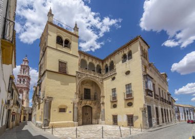 Écija, Sevilla, İspanya, Temmuz 2017: Kilise San Juan Bautista Écija içinde tower Palace Valdehermoso bell ile manzaraya. Écija Seville il ait bir şehirdir.